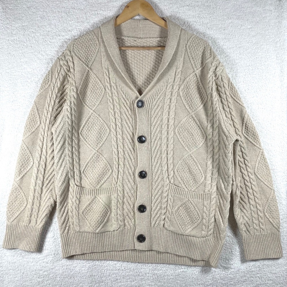 oatmeal cable knit grandpacore cardigan mens L fisherman normcore old money btc